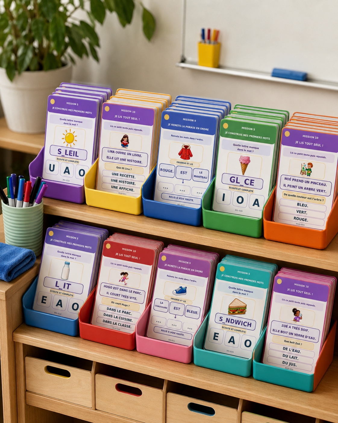 Les cartes Mission Lecture classées par mission dans des bacs colorés